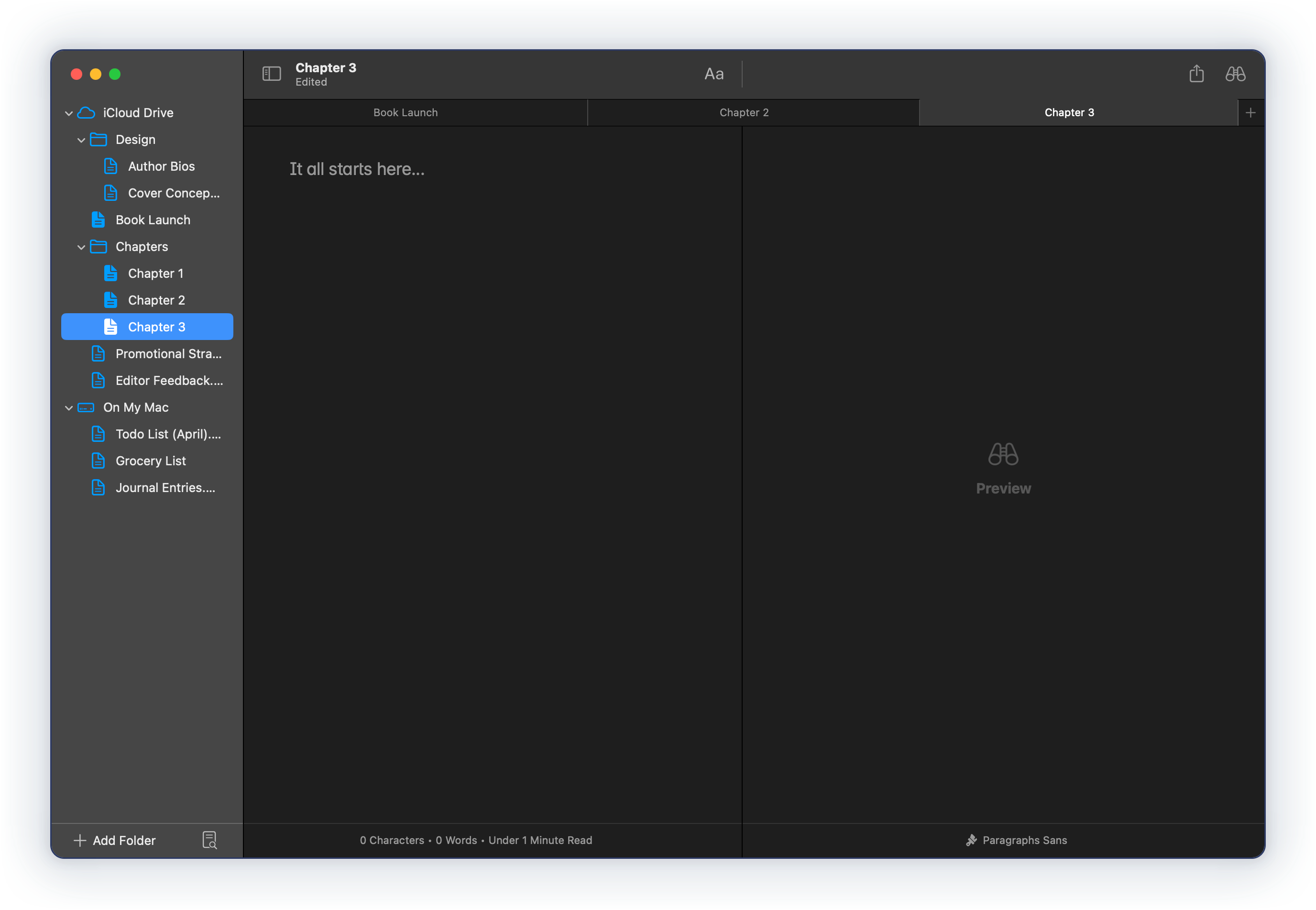 A screenshot of Paragraphs in dark mode.