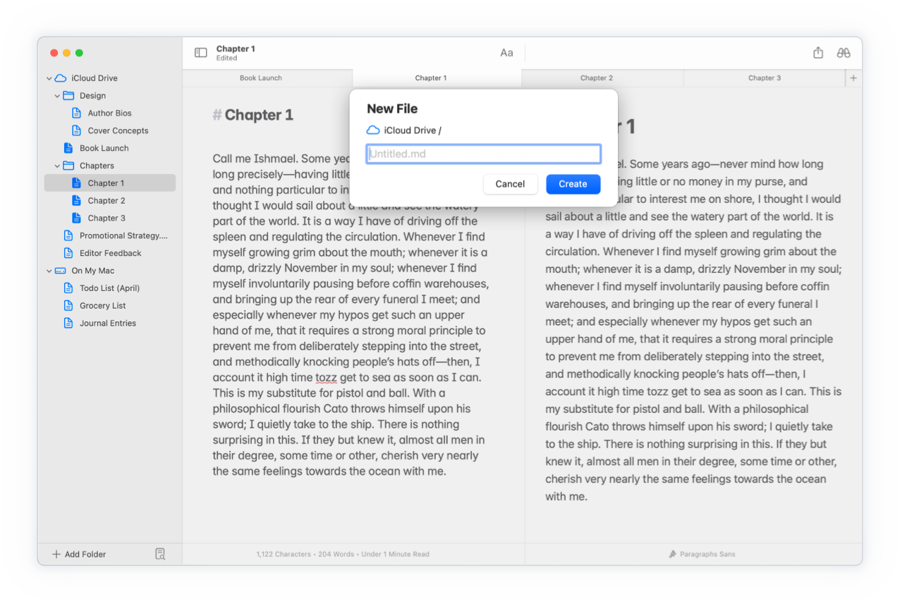 A screenshot of the Paragraphs macOS app showcasing the iCloud Drive feature.