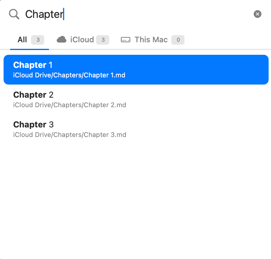A screenshot of the Paragraphs macOS app quick open feature.