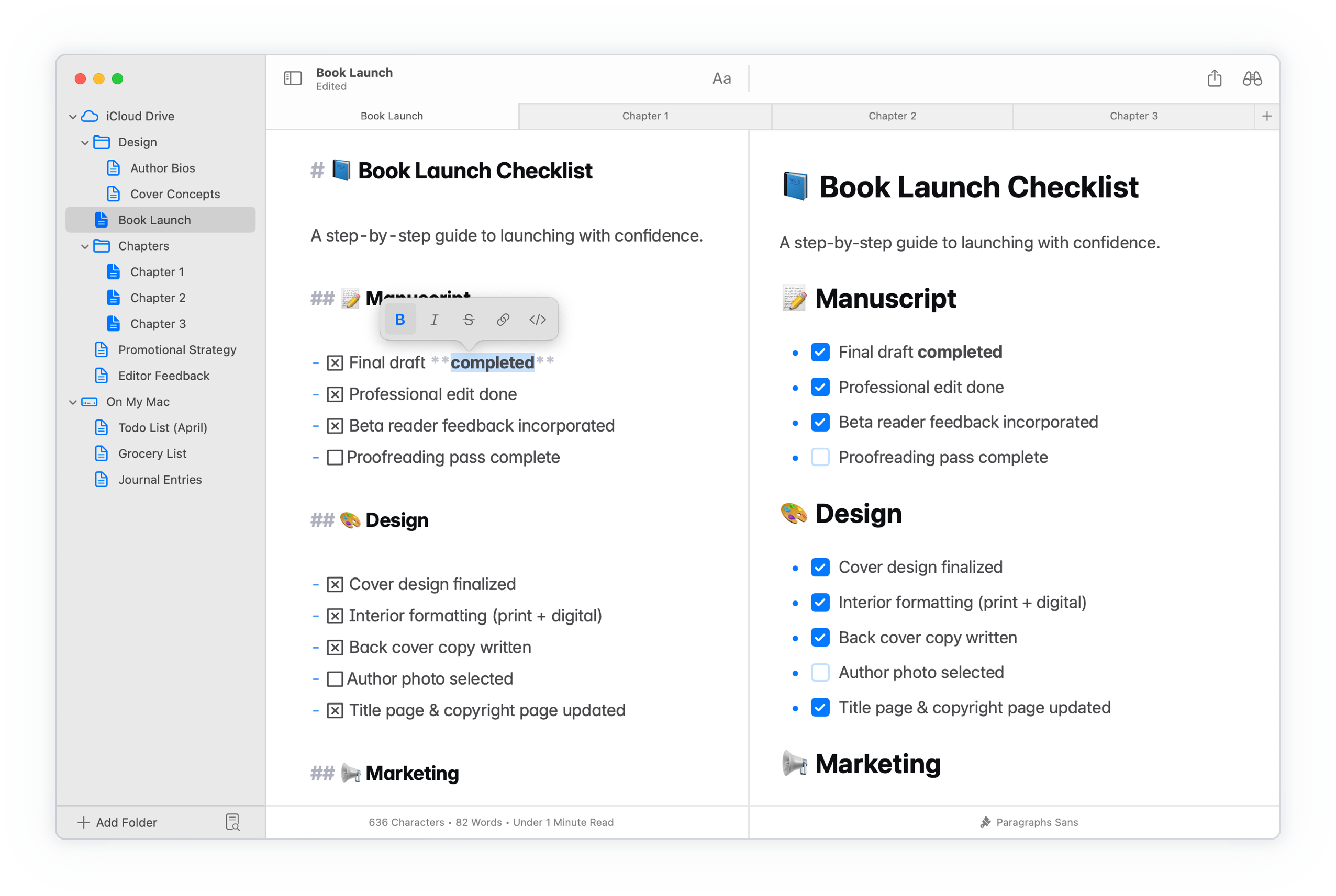 A screenshot of the Paragraphs macOS app showcasing the main editor window and preview.