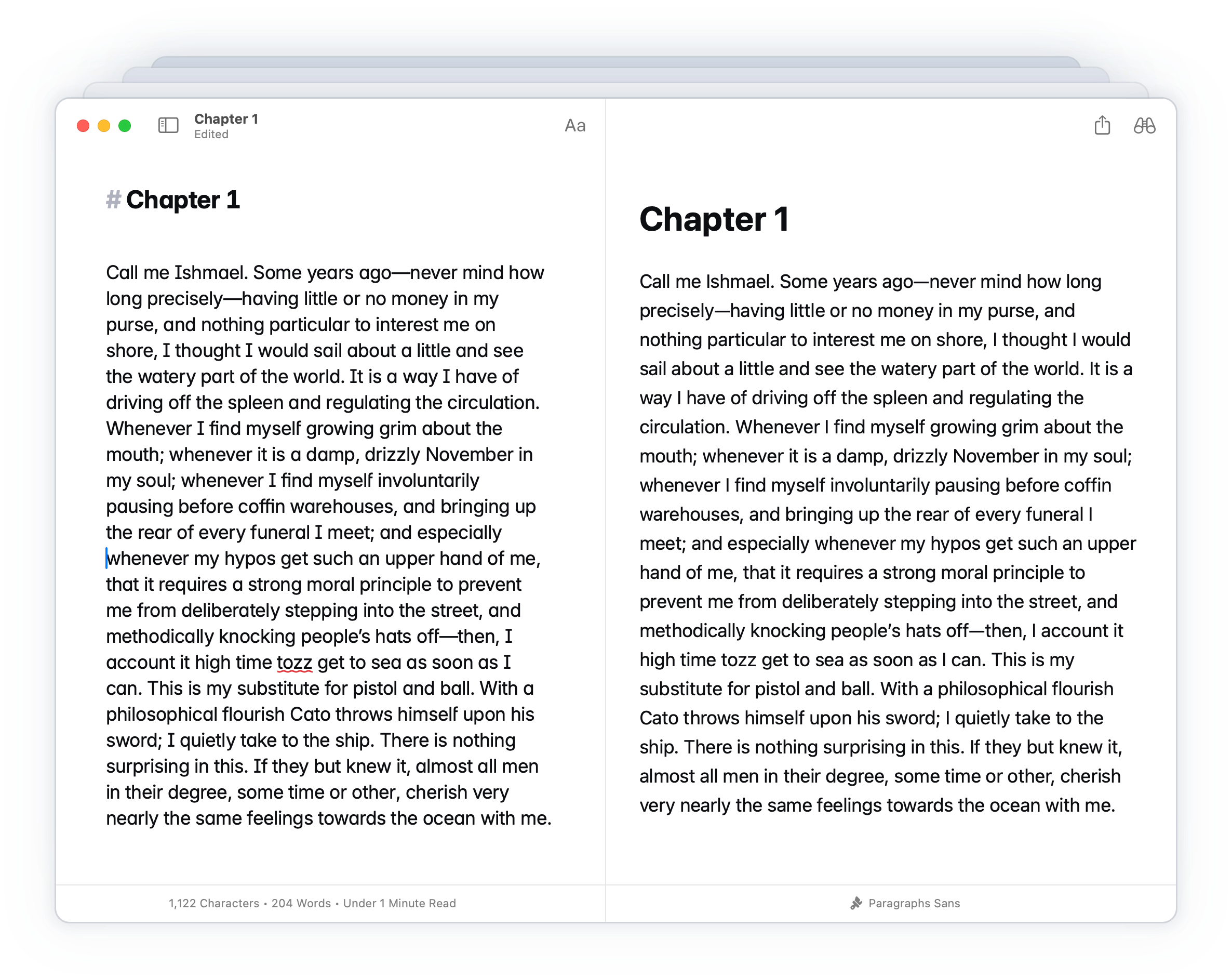 A screenshot of the Paragraphs macOS app showcasing the version history feature.